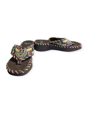 Delila Size 9 Brown Embroidered Leather Flip Flops Western Sandals Boho Aztec